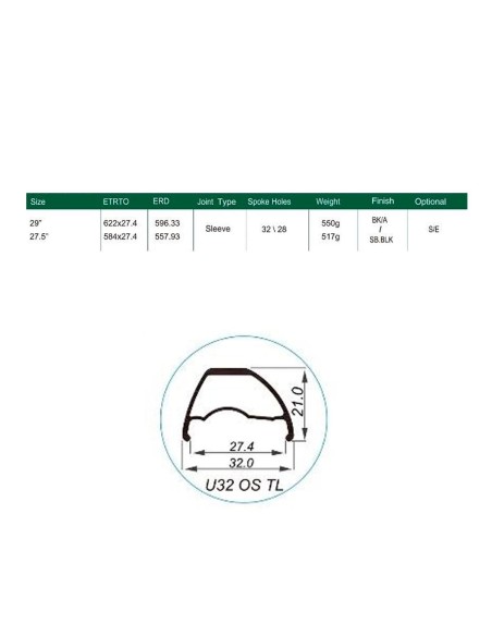 Llanta Weinmann aro 27.5 - U32 OS TL negra 28H FV